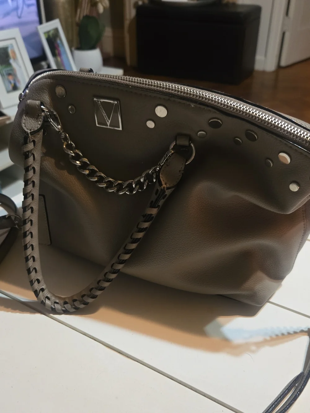 Taupe Leather Satchel with Chain Detail Nwot Victoria Secret Cross Body/ Shoulde